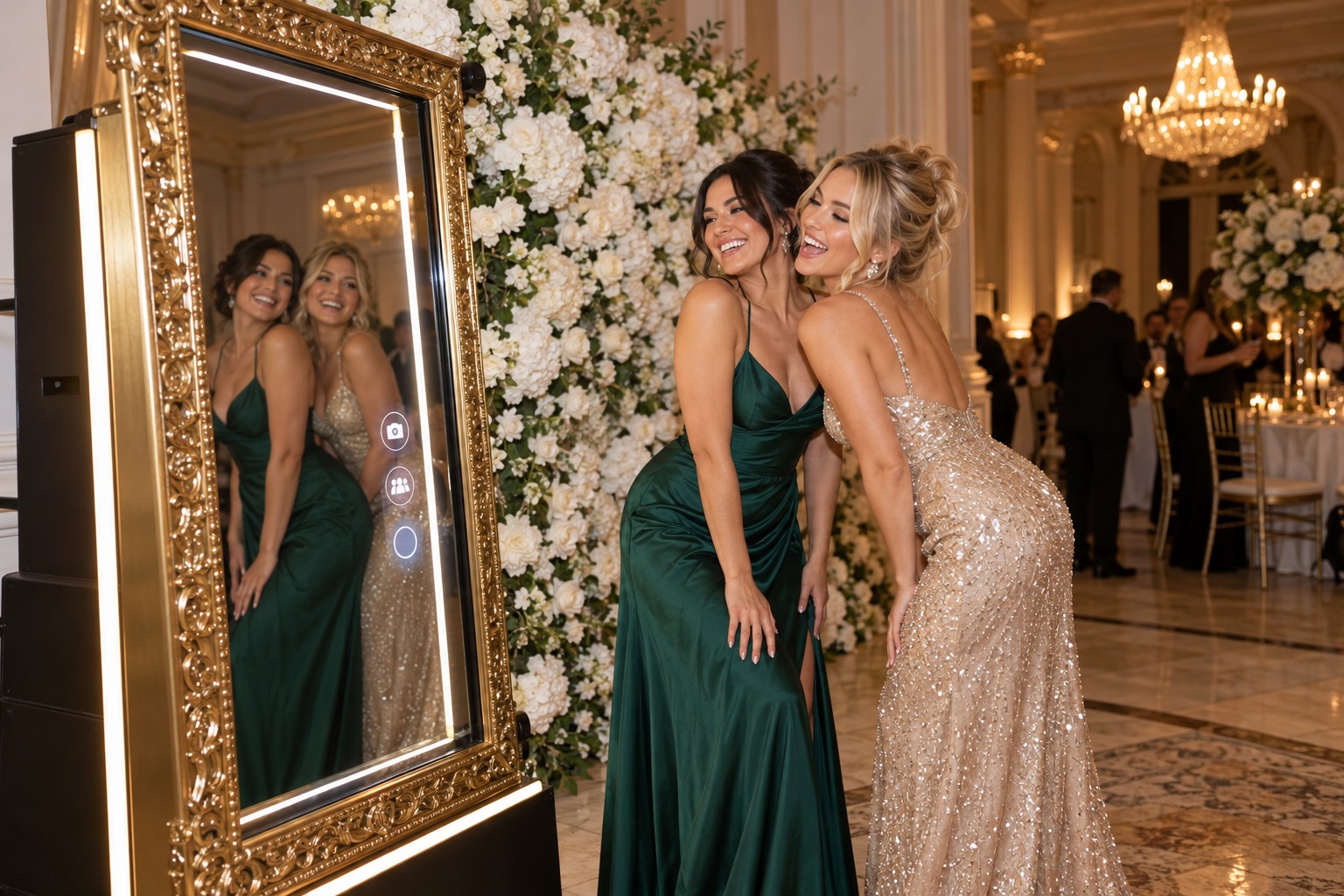 Guests in formal dresses posing in front of a full-length gold mirror photo booth